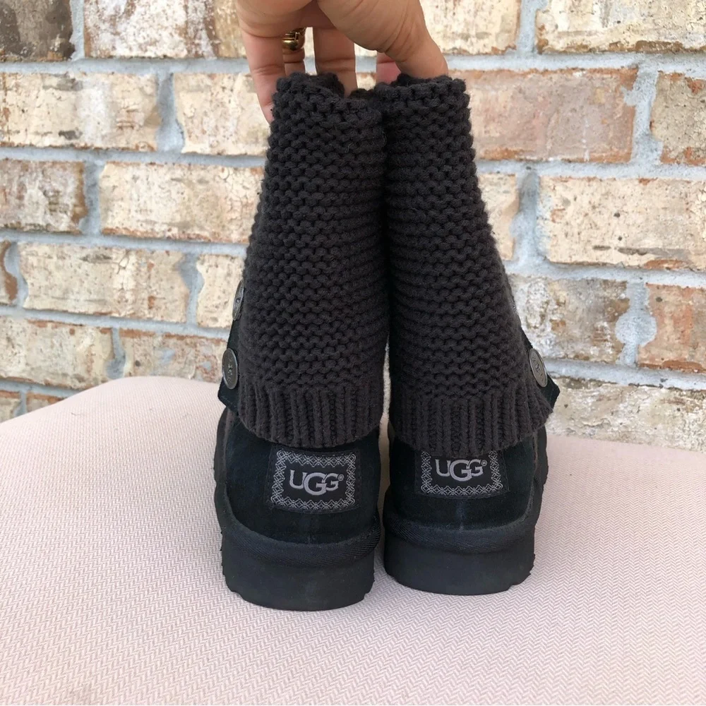 Ugg 1094949 Cardy Tall Black Knit Pull-on Button Winter Boots Women's 6